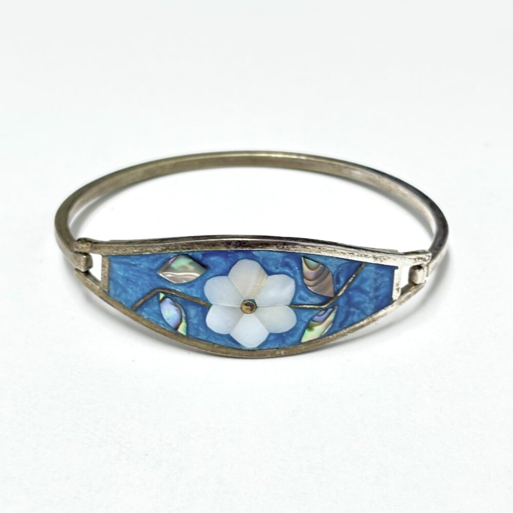 Vintage Cuff Bracelet Mother of Pearl Inlay Signed Alpaca Mexico Silver Flower